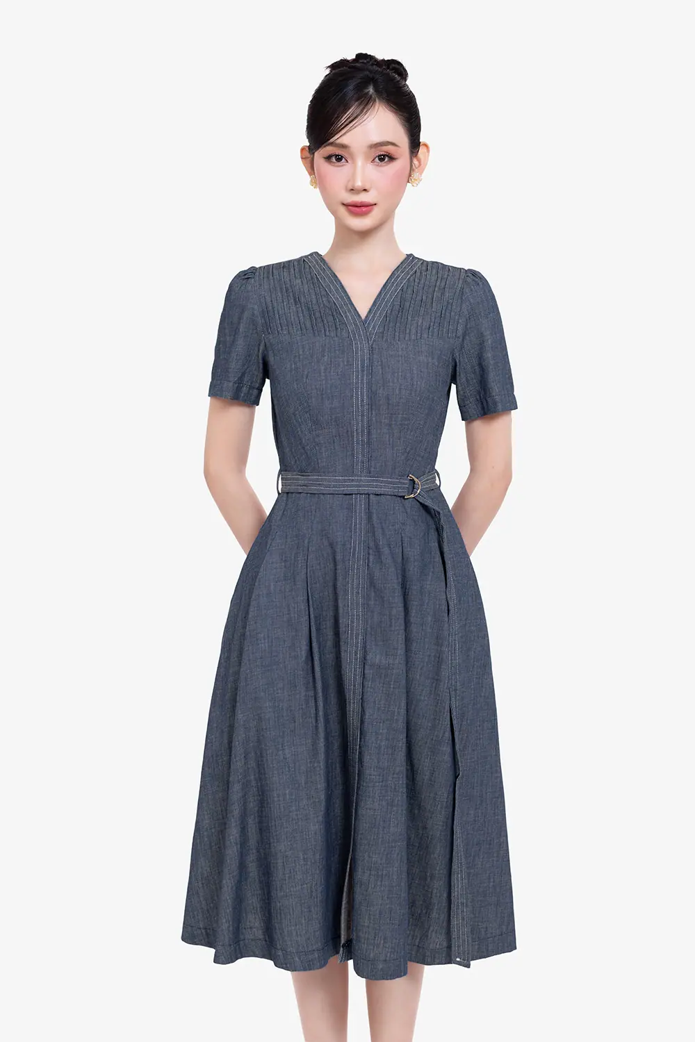 Đầm jean denim dáng xòe kèm thắt lưng
