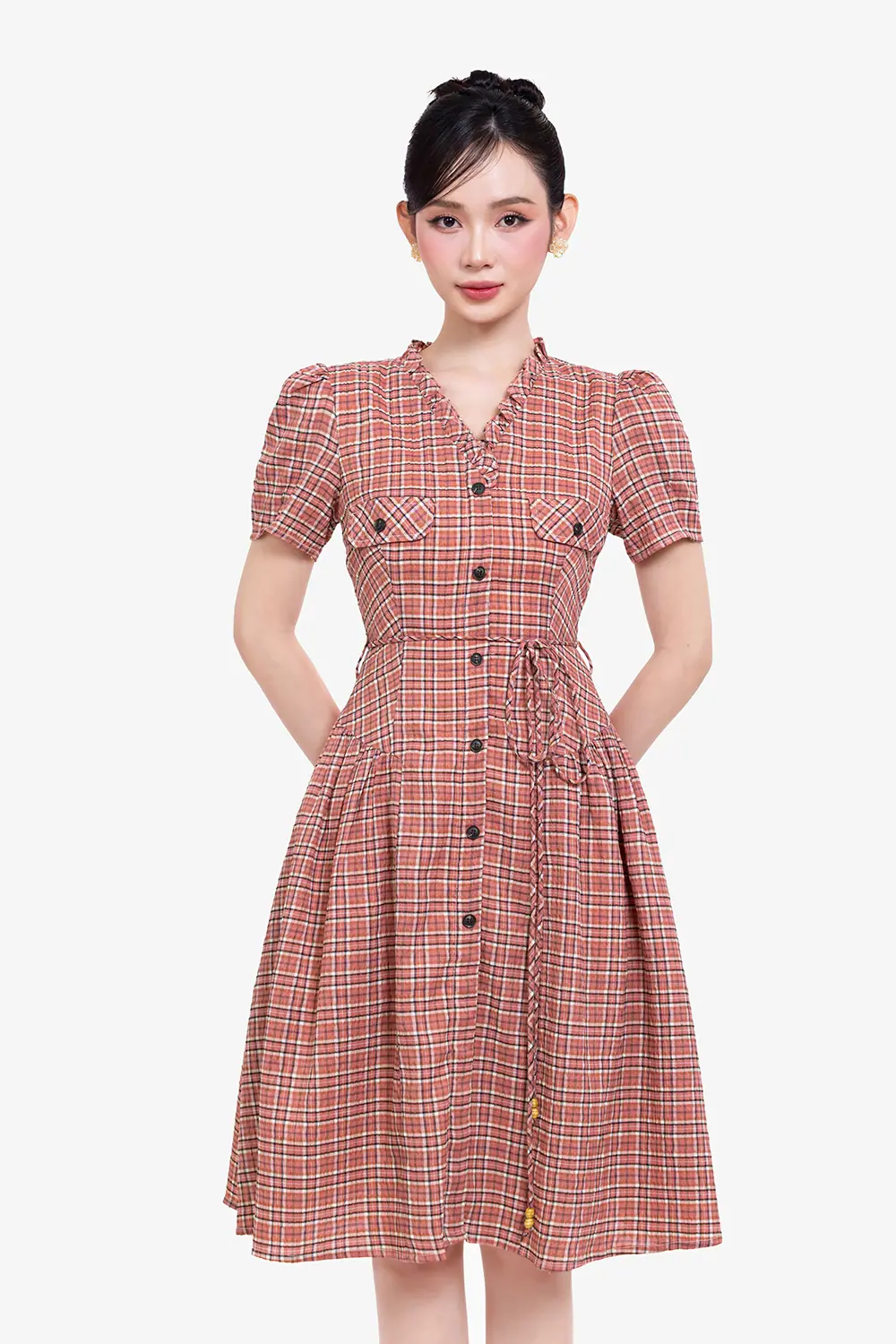 Đầm caro vintage dáng xòe cổ viền bèo