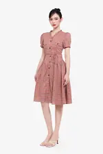 Đầm caro vintage dáng xòe cổ viền bèo