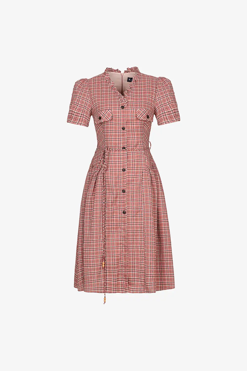 Đầm caro vintage dáng xòe cổ viền bèo