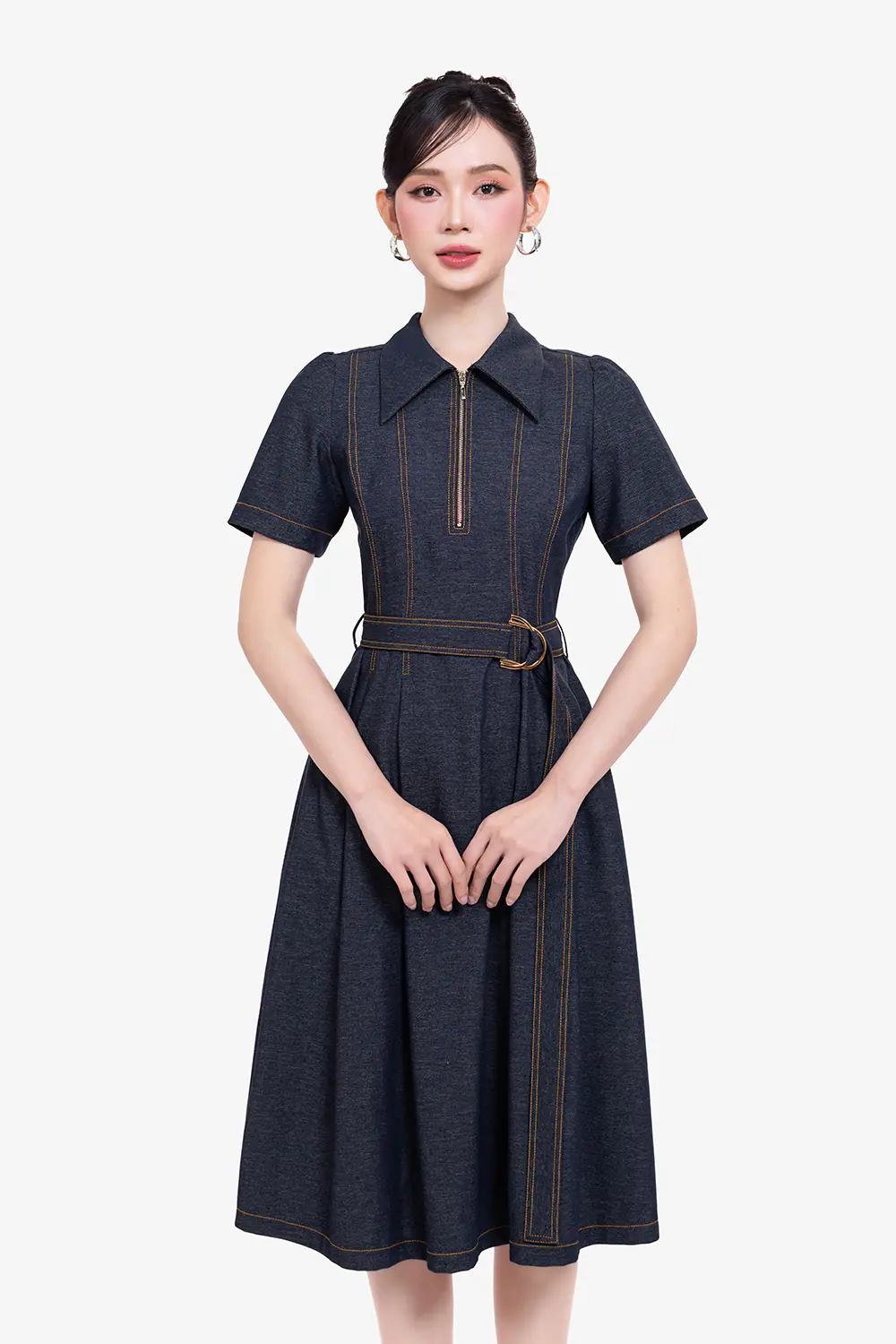 Đầm jean dáng xòe cổ sơ mi phối khóa kéo