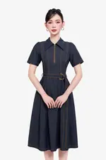 Đầm jean dáng xòe cổ sơ mi phối khóa kéo