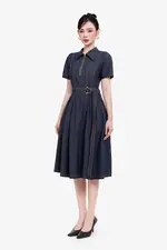 Đầm jean dáng xòe cổ sơ mi phối khóa kéo