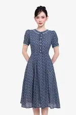 Đầm hoa xanh dáng xòe tay phồng