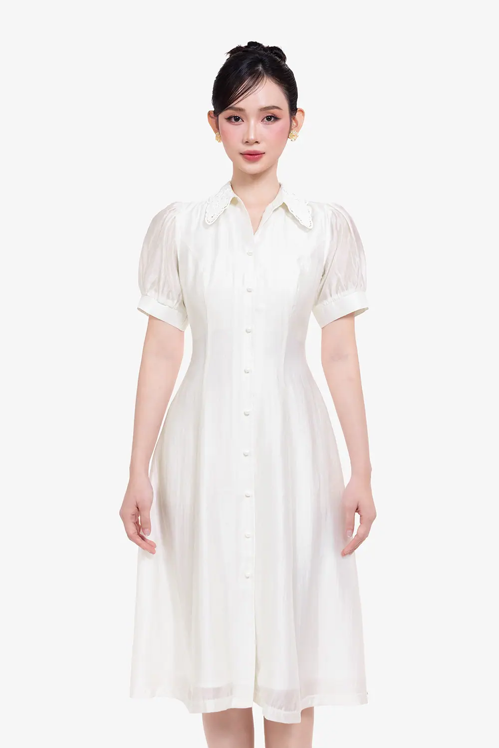 Đầm sơ mi công sở dáng xòe phối ren