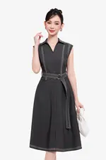 Đầm jean dáng xòe viền trắng kèm thắt lưng