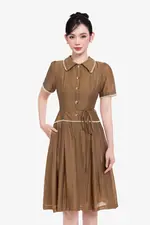 Đầm nâu tơ cổ sen viền ren dáng xòe