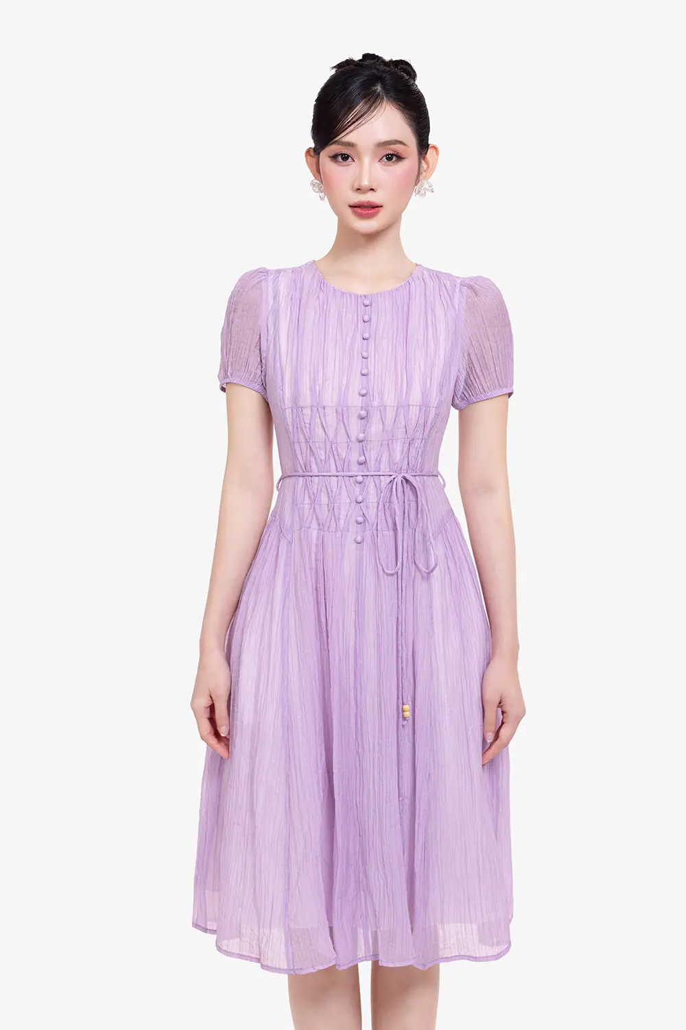 Đầm xòe tơ dập nhún màu tím pastel