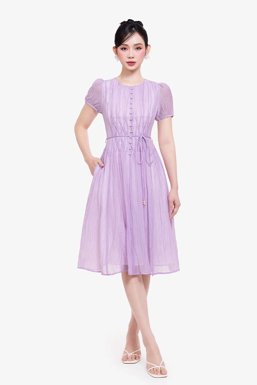 Đầm xòe tơ dập nhún màu tím pastel