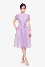Đầm xòe tơ dập nhún màu tím pastel