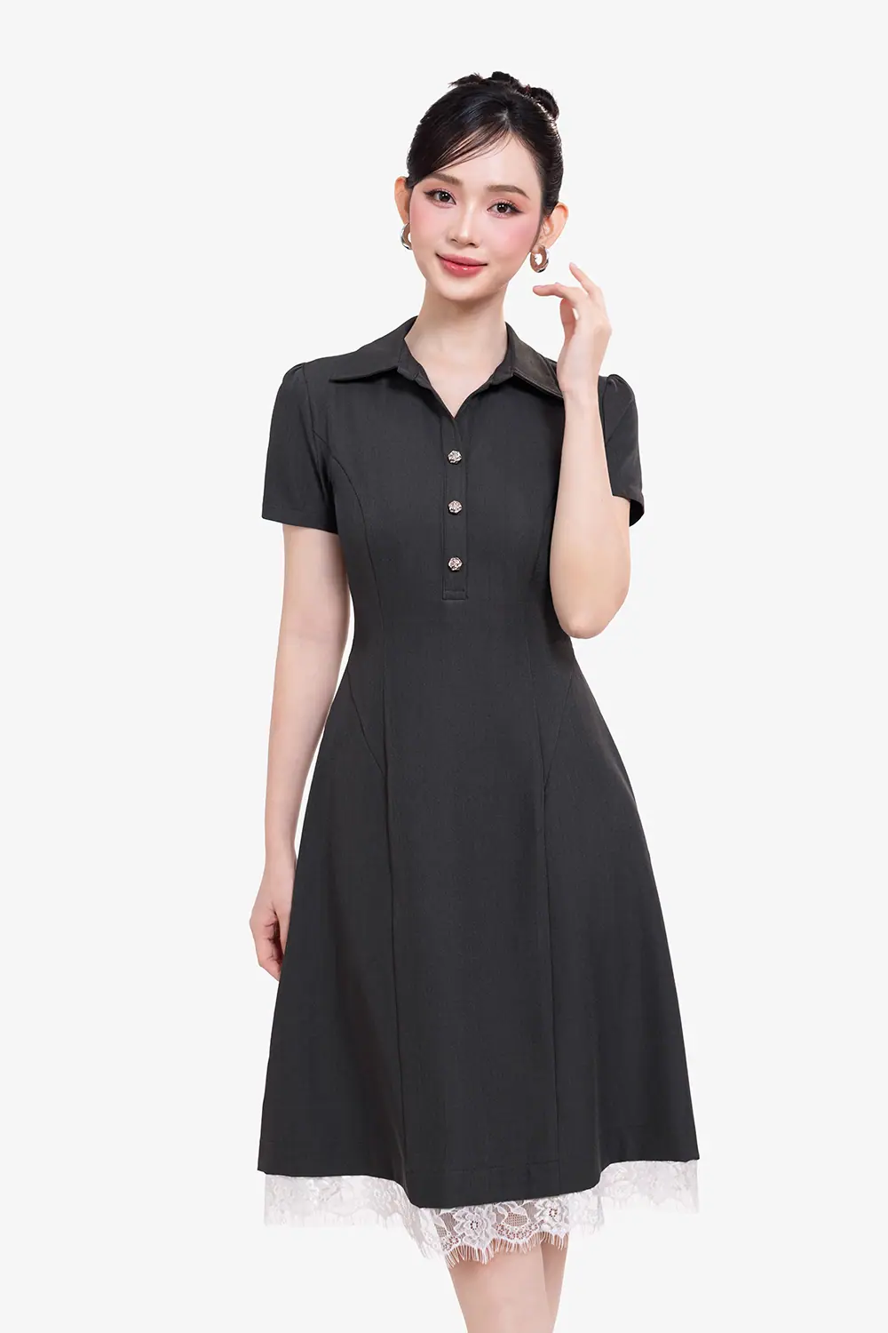 Đầm công sở dáng xòe cổ sơ mi phối ren