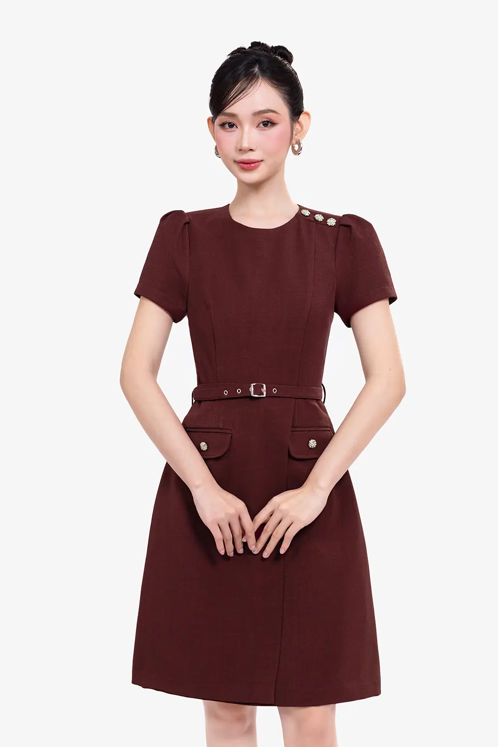 Đầm đỏ công sở dáng chữ A kèm thắt lưng