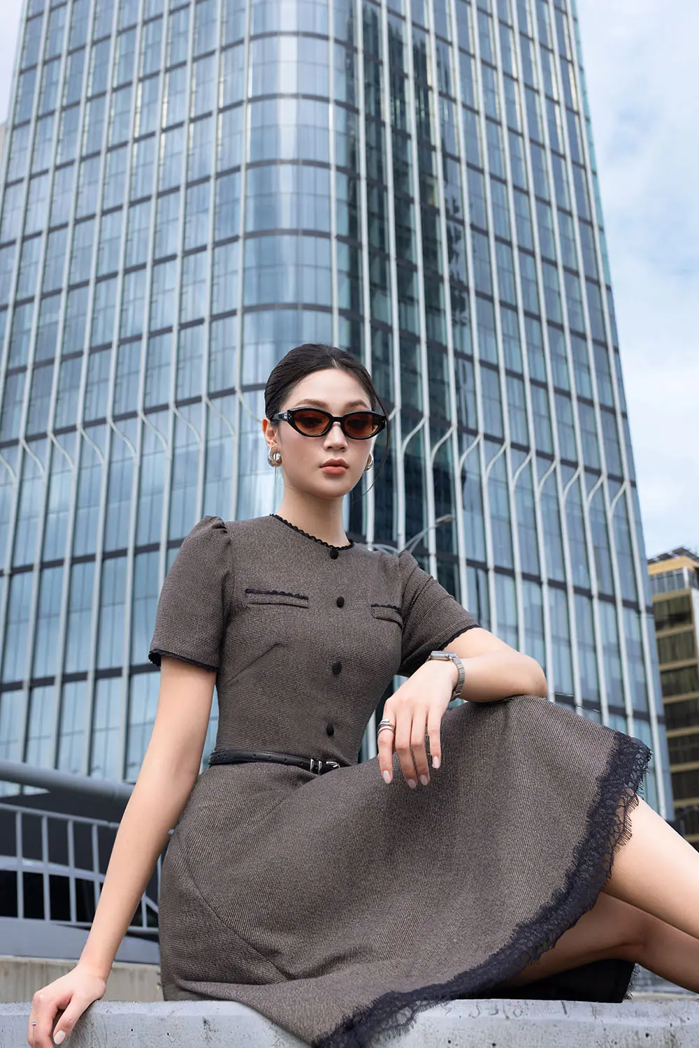 Đầm xòe công sở phối ren kèm dây nịt KK189-33