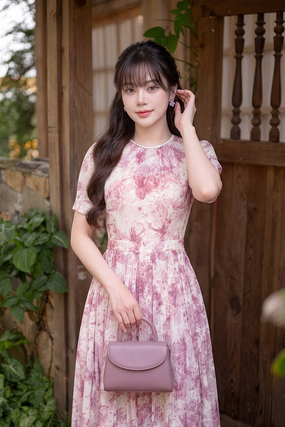 Đầm hoa trắng hồng dáng xòe dài xếp ly