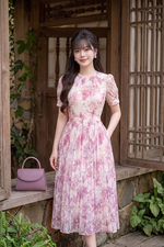 Đầm hoa trắng hồng dáng xòe dài xếp ly
