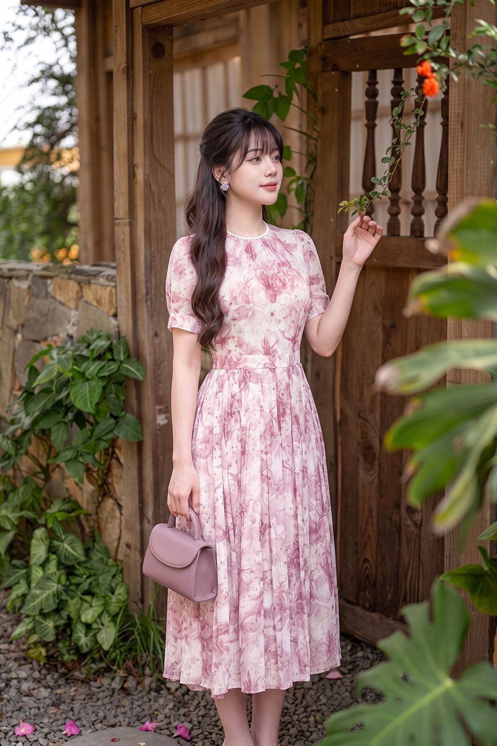 Đầm hoa trắng hồng dáng xòe dài xếp ly