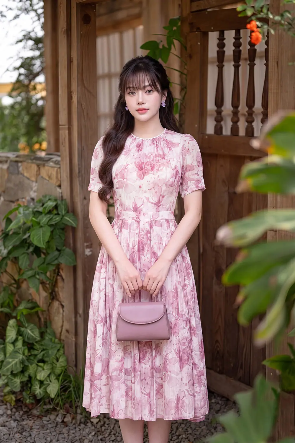 Đầm hoa trắng hồng dáng xòe dài xếp ly KK188-22