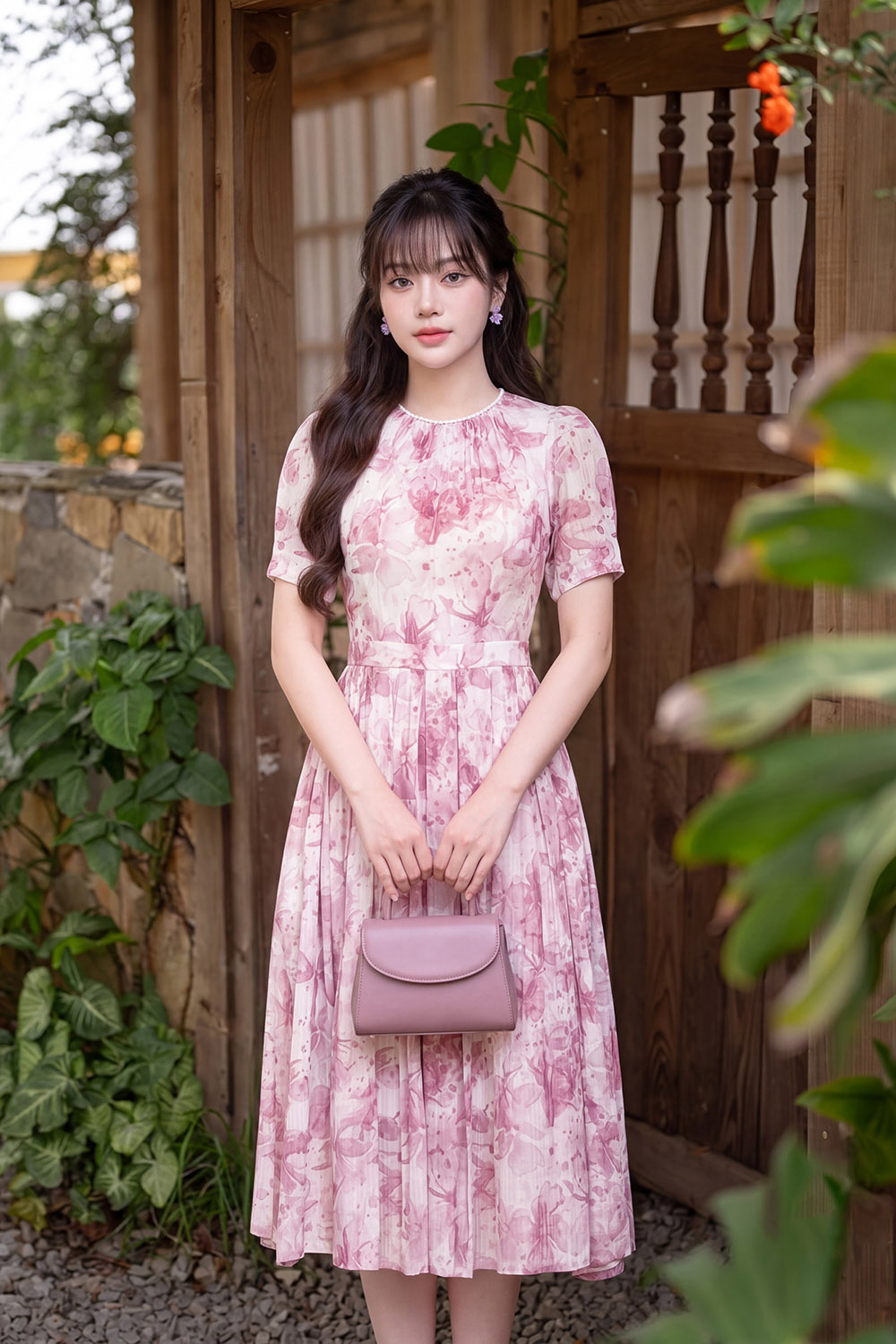 Đầm hoa trắng hồng dáng xòe dài xếp ly