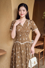 Đầm hoa xô thêu nâu phối ren