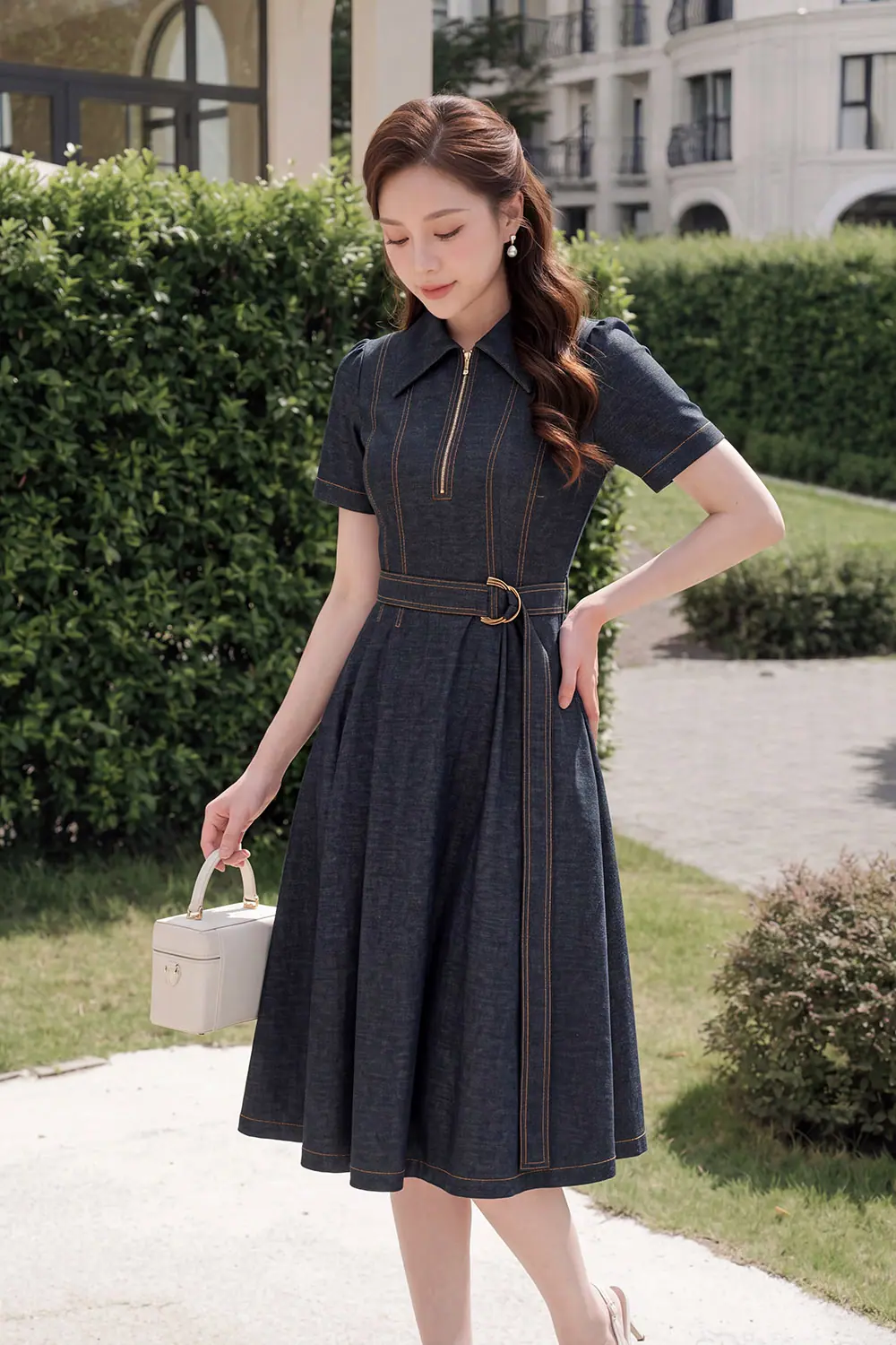 Đầm jean dáng xòe cổ sơ mi phối khóa kéo KK188-31