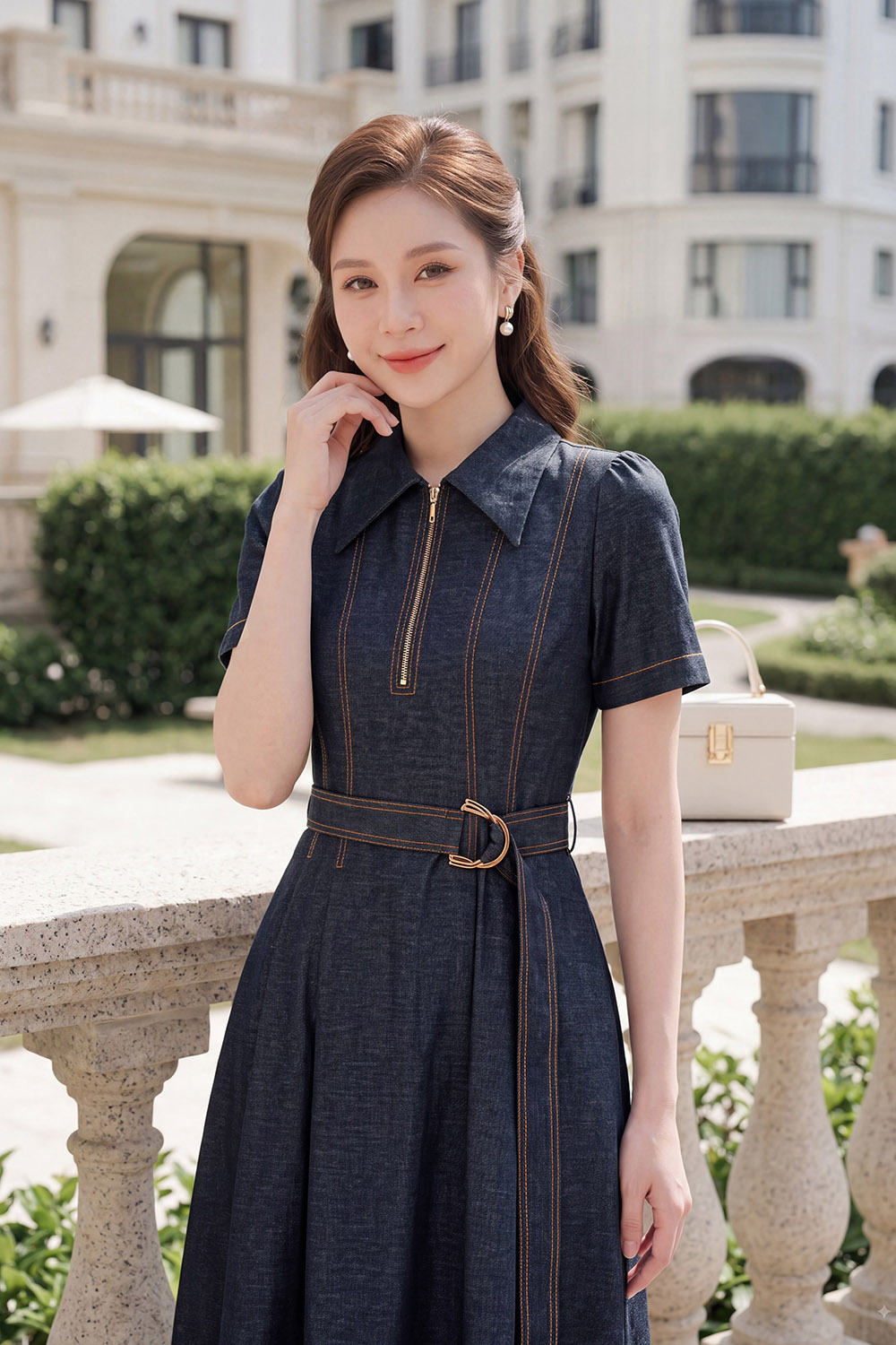 Đầm jean dáng xòe cổ sơ mi phối khóa kéo