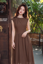 Đầm xòe nâu cổ thuyền đính hoa