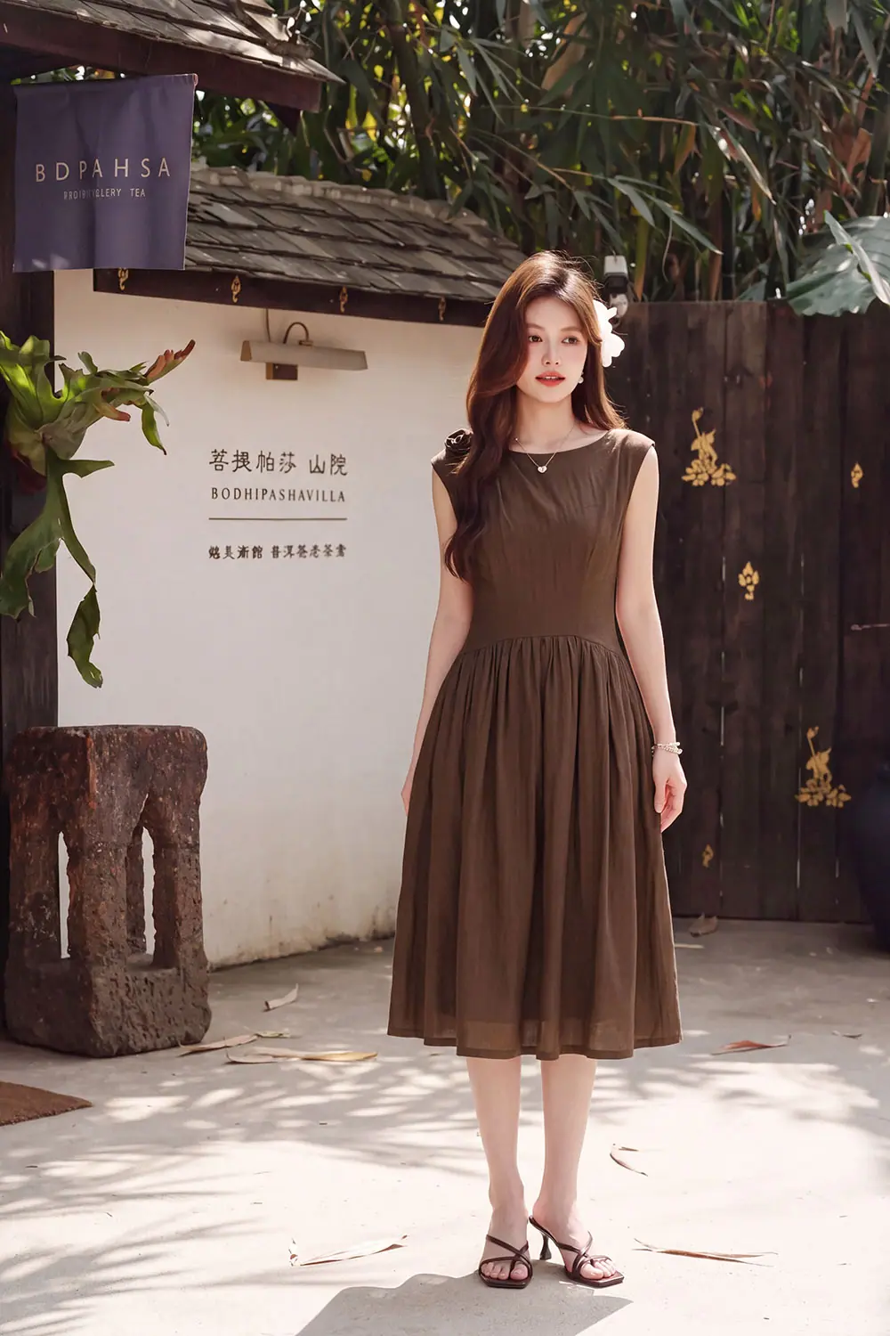 Đầm xòe nâu cổ thuyền đính hoa KK190-04