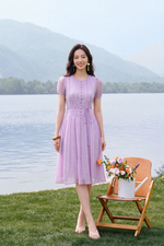 Đầm xòe tơ dập nhún màu tím pastel