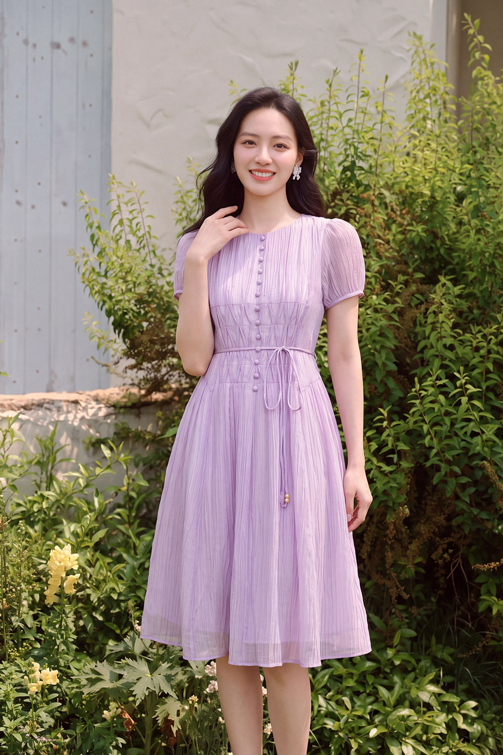 Đầm xòe tơ dập nhún màu tím pastel
