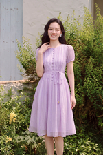 Đầm xòe tơ dập nhún màu tím pastel