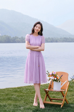 Đầm xòe tơ dập nhún màu tím pastel