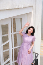 Đầm xòe tơ dập nhún màu tím pastel