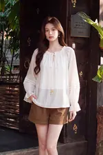 Áo kiểu tơ ngọc trai dáng suông dài tay