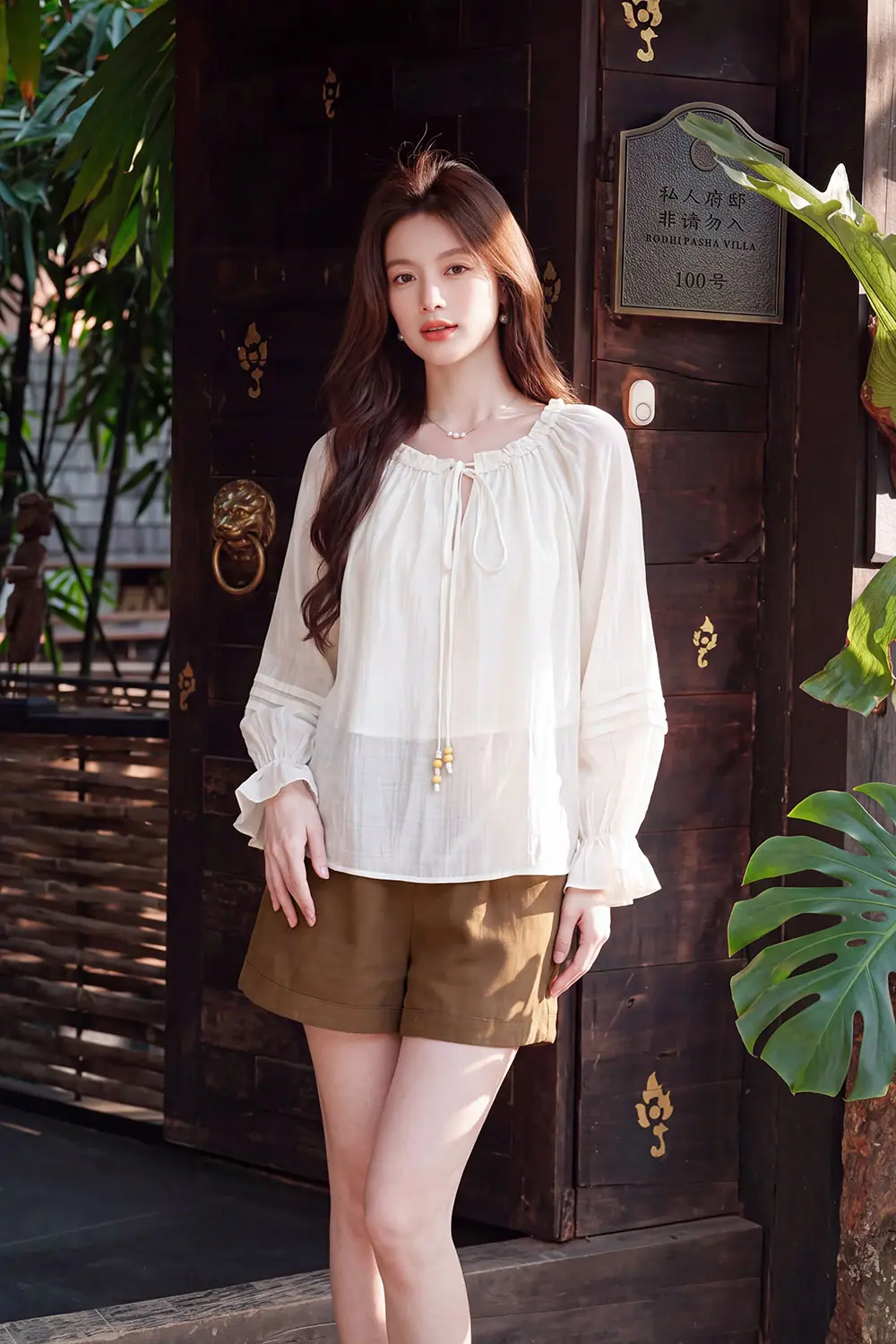 Áo kiểu tơ ngọc trai dáng suông dài tay