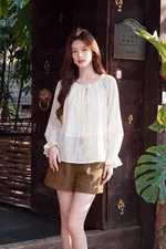 Áo kiểu tơ ngọc trai dáng suông dài tay