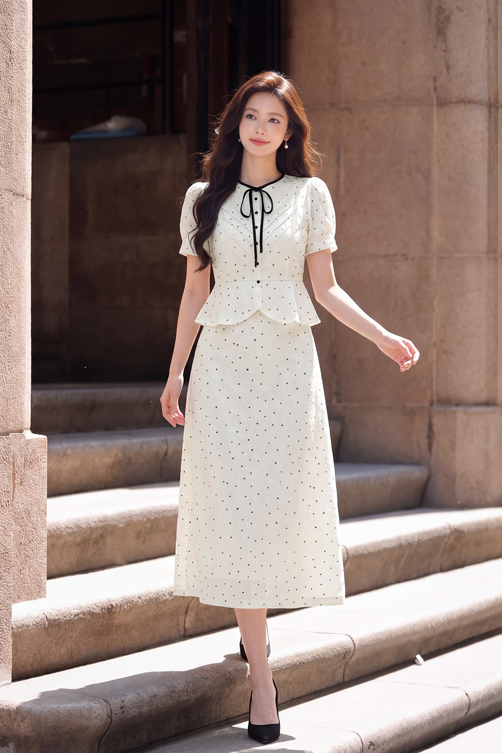 Áo kiểu cotton lụa chấm bi phối nơ