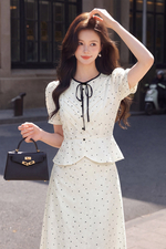 Áo kiểu cotton lụa chấm bi phối nơ