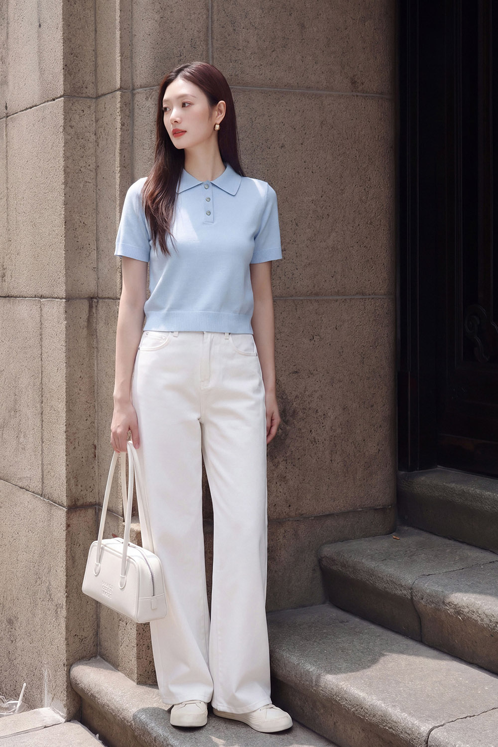 Áo polo len dệt kim màu xanh