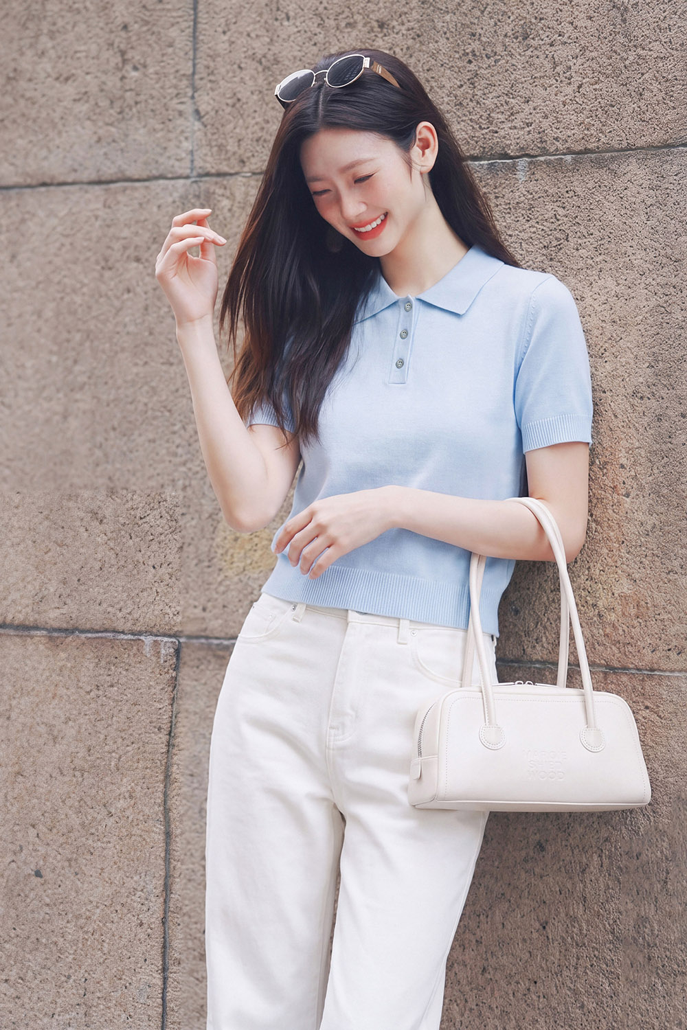 Áo polo len dệt kim màu xanh
