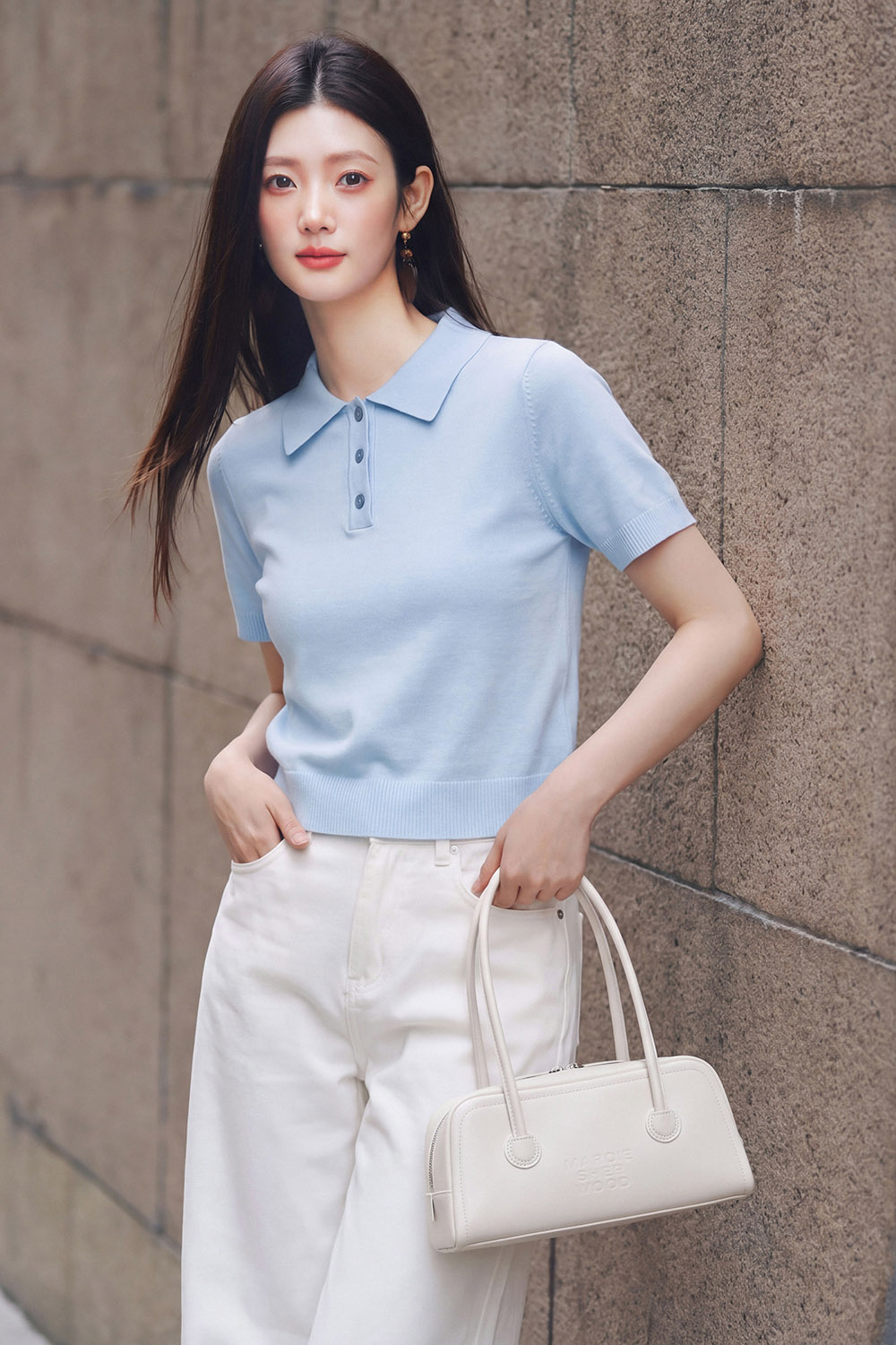 Áo polo len dệt kim màu xanh