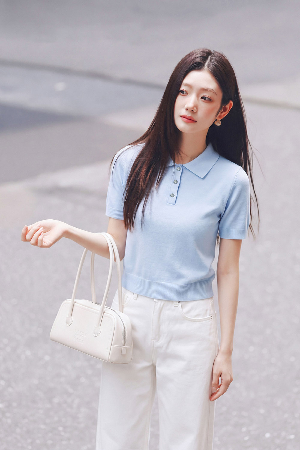 Áo polo len dệt kim màu xanh