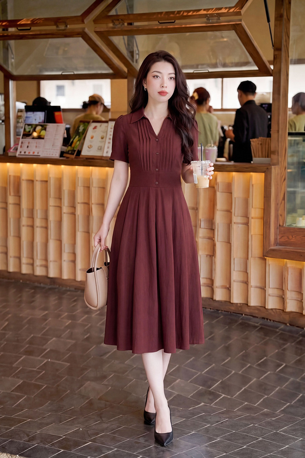 Đầm công sở màu đỏ dáng xòe cổ sơ mi