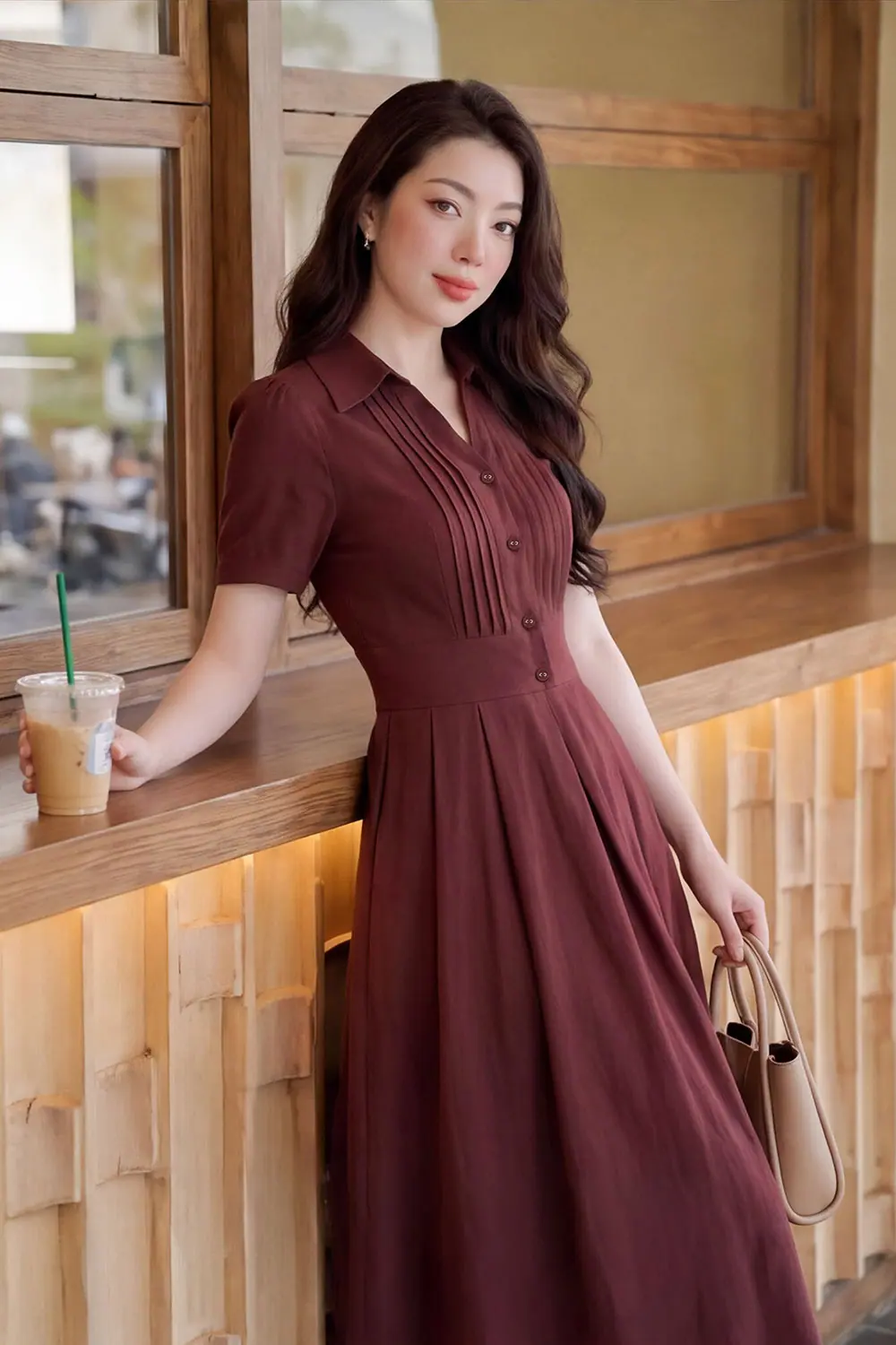 Đầm công sở màu đỏ dáng xòe cổ sơ mi KK189-34