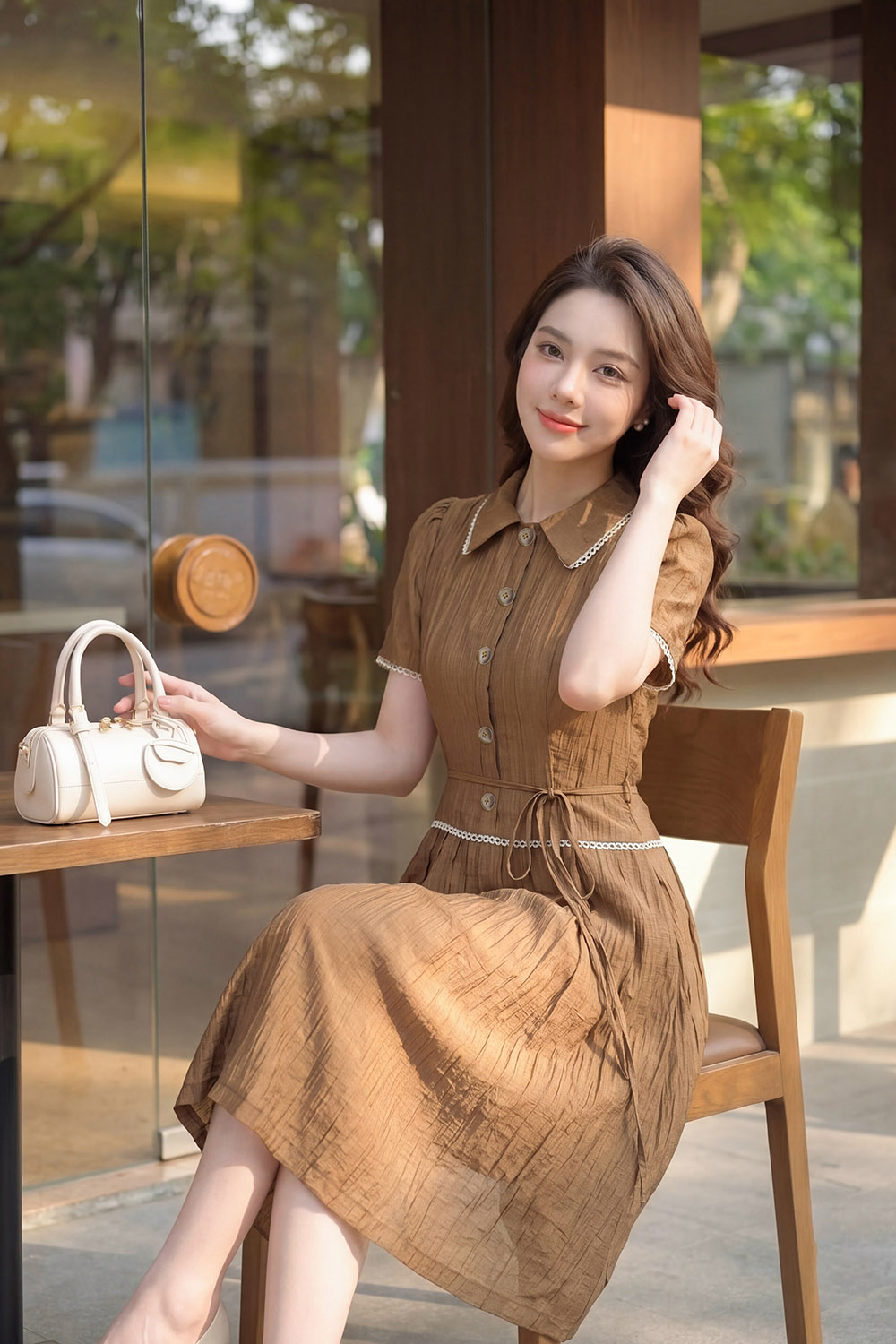 Đầm nâu tơ cổ sen viền ren dáng xòe