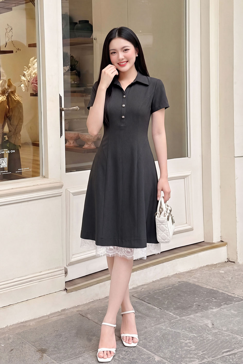 Đầm công sở dáng xòe cổ sơ mi phối ren