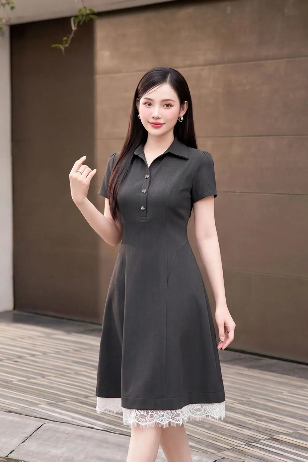 Đầm công sở dáng xòe cổ sơ mi phối ren KK190-05