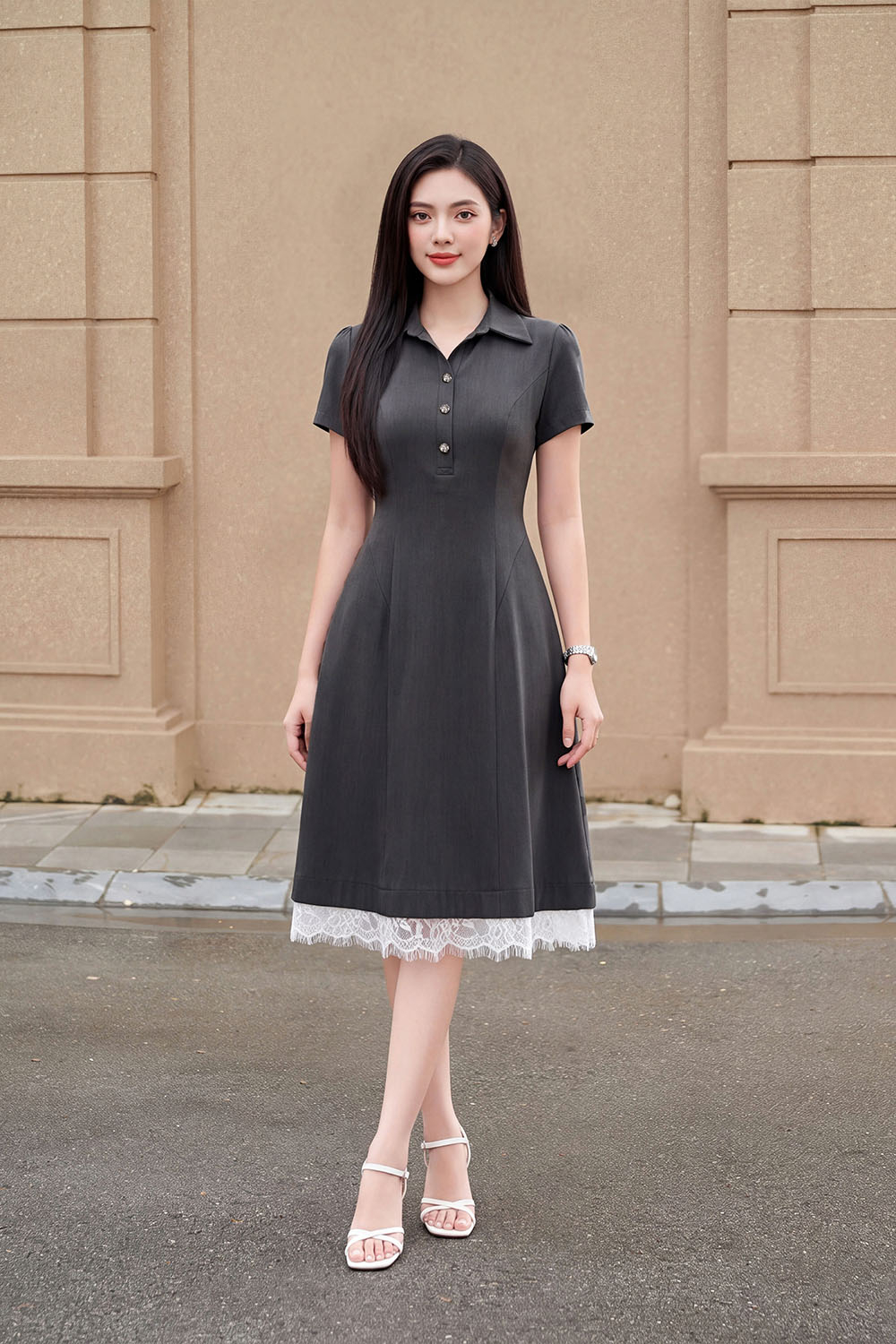 Đầm công sở dáng xòe cổ sơ mi phối ren