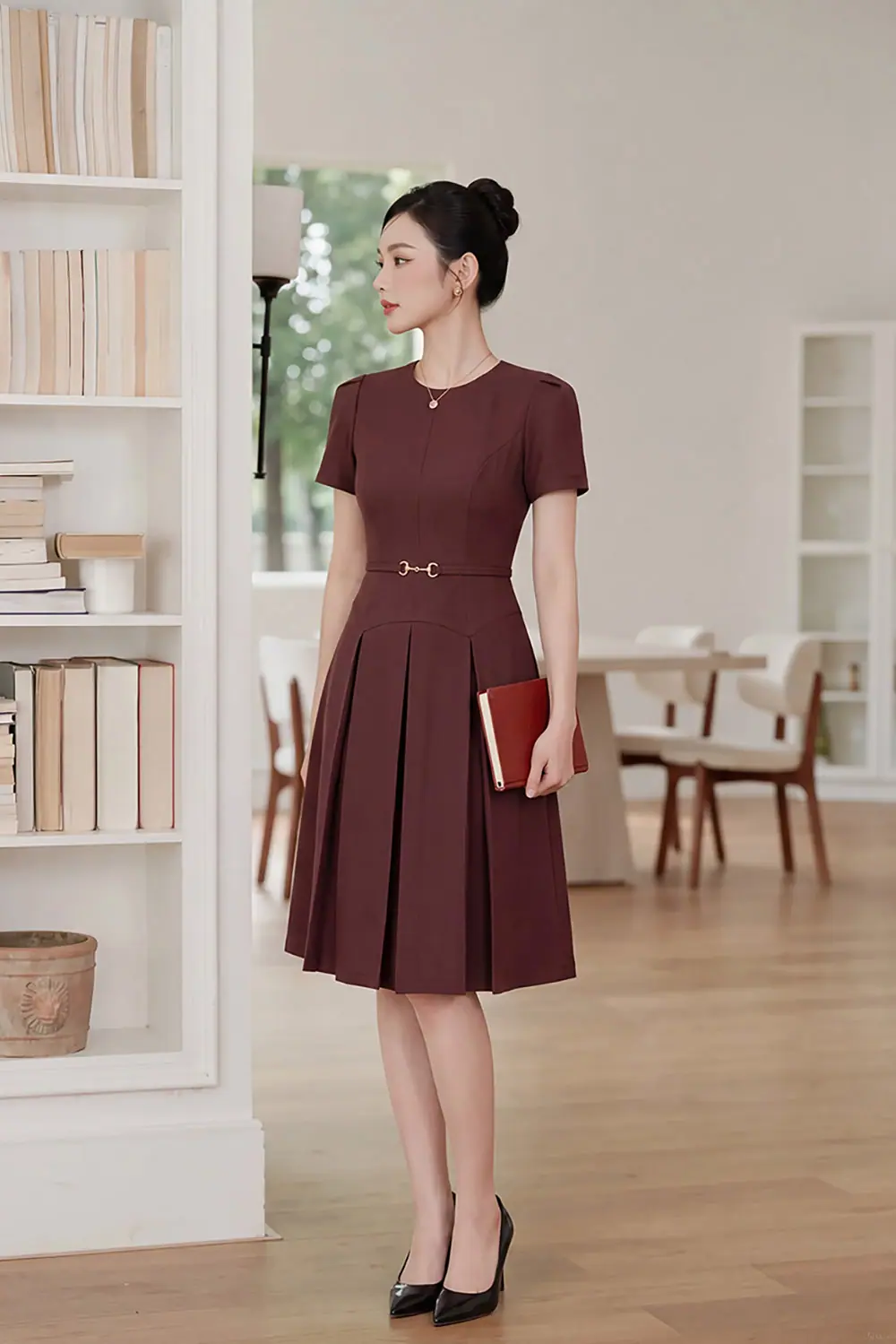 Đầm đỏ dáng xòe xếp ly phối thắt lưng KK189-30