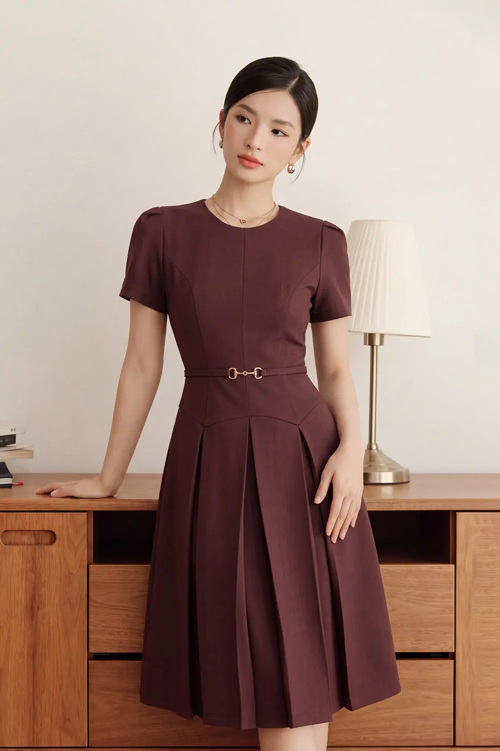 Đầm đỏ dáng xòe xếp ly phối thắt lưng KK189-30