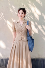 Áo kiểu linen cổ sơ mi phối đăng ten